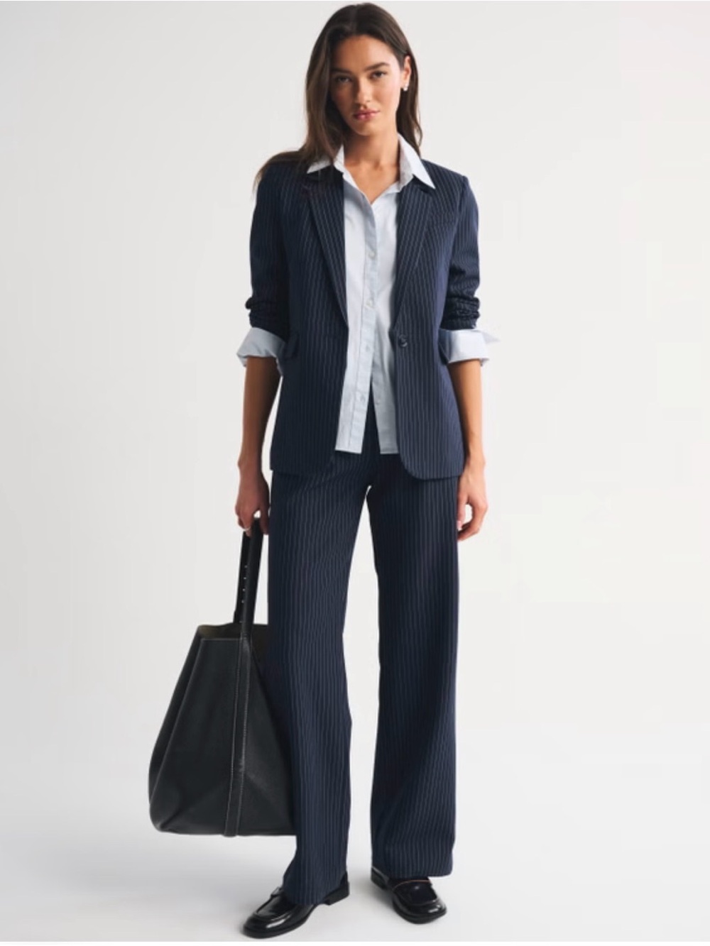 Abercrombie & Fitch Sloane Tailored Wide Leg Pant - dark indigo pinstripe